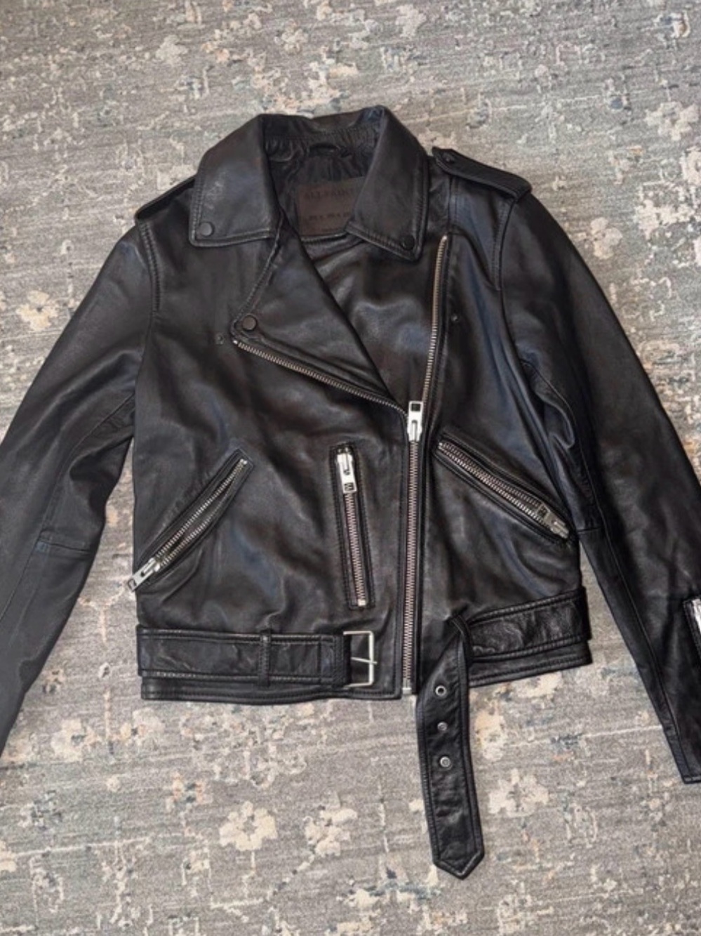 AllSaints Black Leather Moto Bomber Jacket